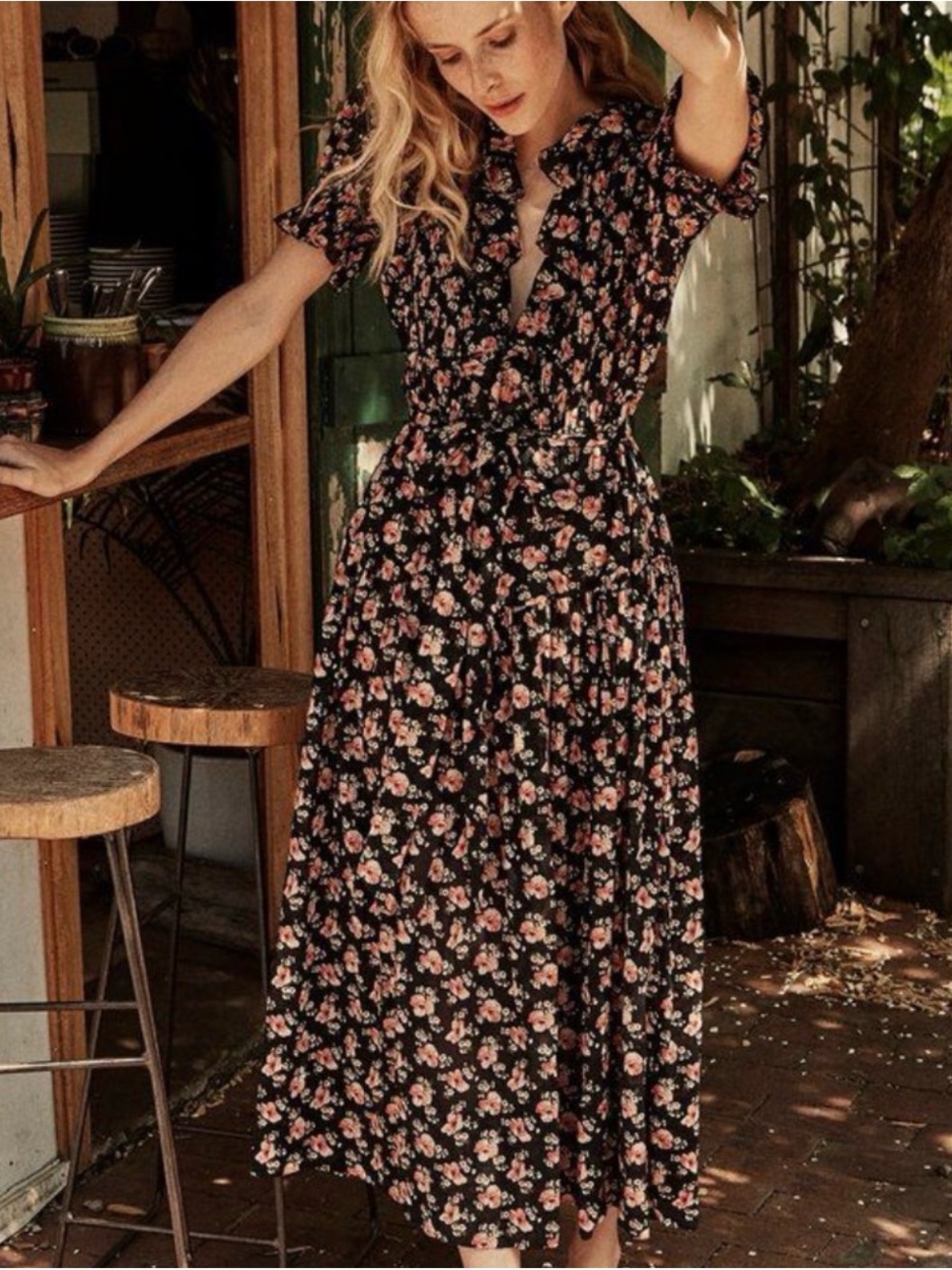 Doen Black Maxi Dress with Pink Floral Print